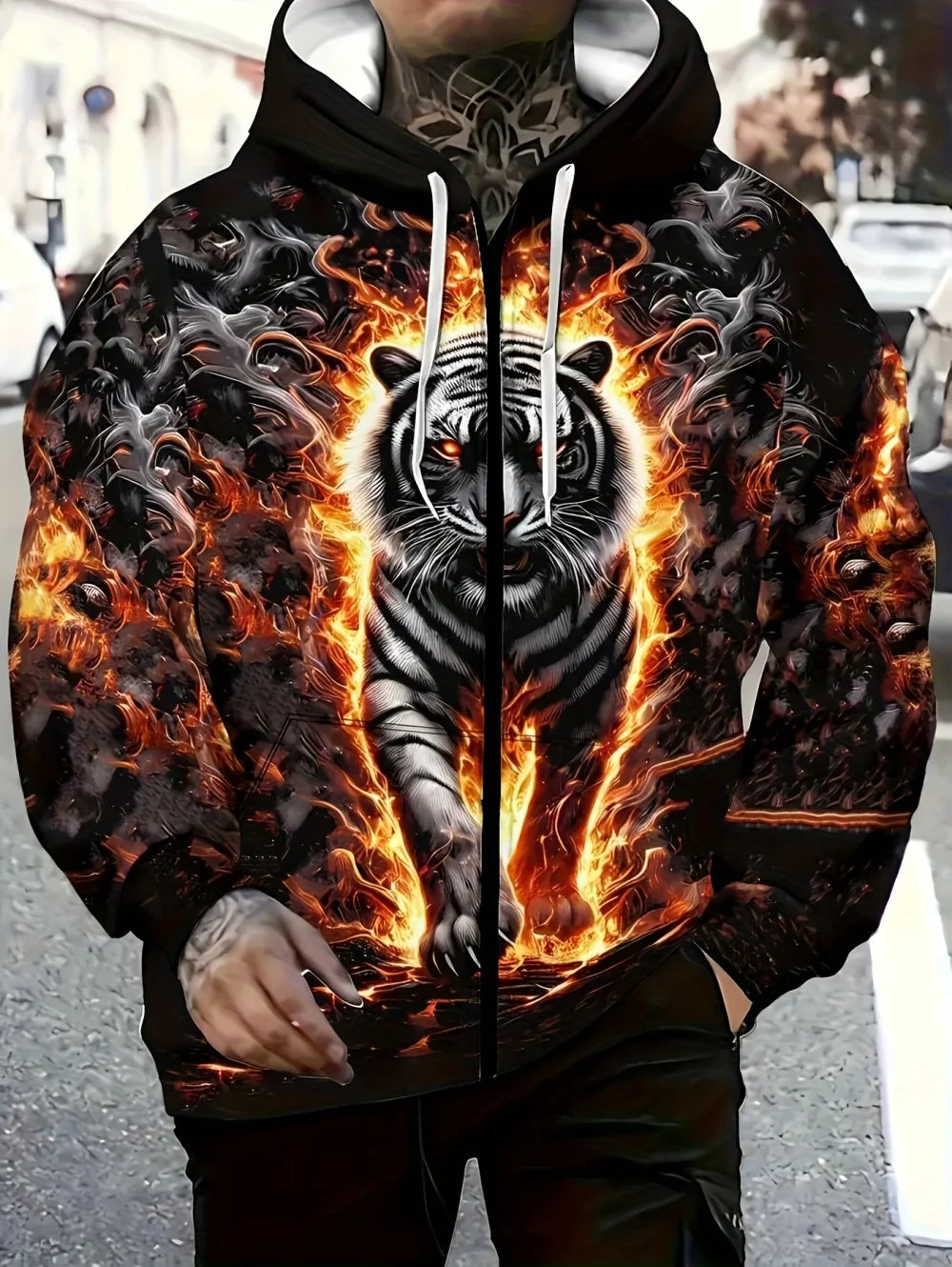 Sudadera con capucha para hombre 2025 de manga larga con cremallera, gráfico de tigre, estilo casual outdoor, cordón ajustable y bolsillos