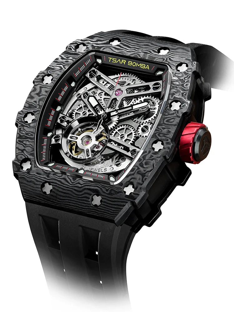 TSAR BOMBA Carbon Fiber Automatic Mechanical Watch for Men Waterproof Skeleton Mens Watches Top Brand Luxury Wristwatches