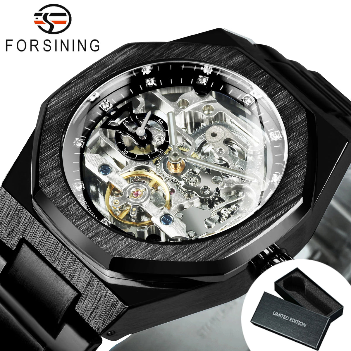 Forsining Tourbillon Skeleton Mechanical Watch for Men Luminous Hands Stainless Steel Strap Fashion Business Automatic Watches