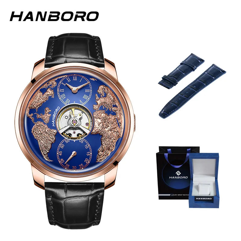 HANBORO World Time Series Men's Fully Automatic Mechanical Watch with Hollow Flywheel World Earth Personality Watch 1026