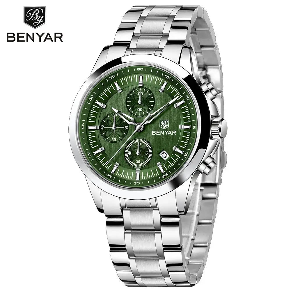 BENYAR 40mm Men’s Luxury Quartz Watch Stainless Steel, 50M Water Resistant & Sport Diving Design