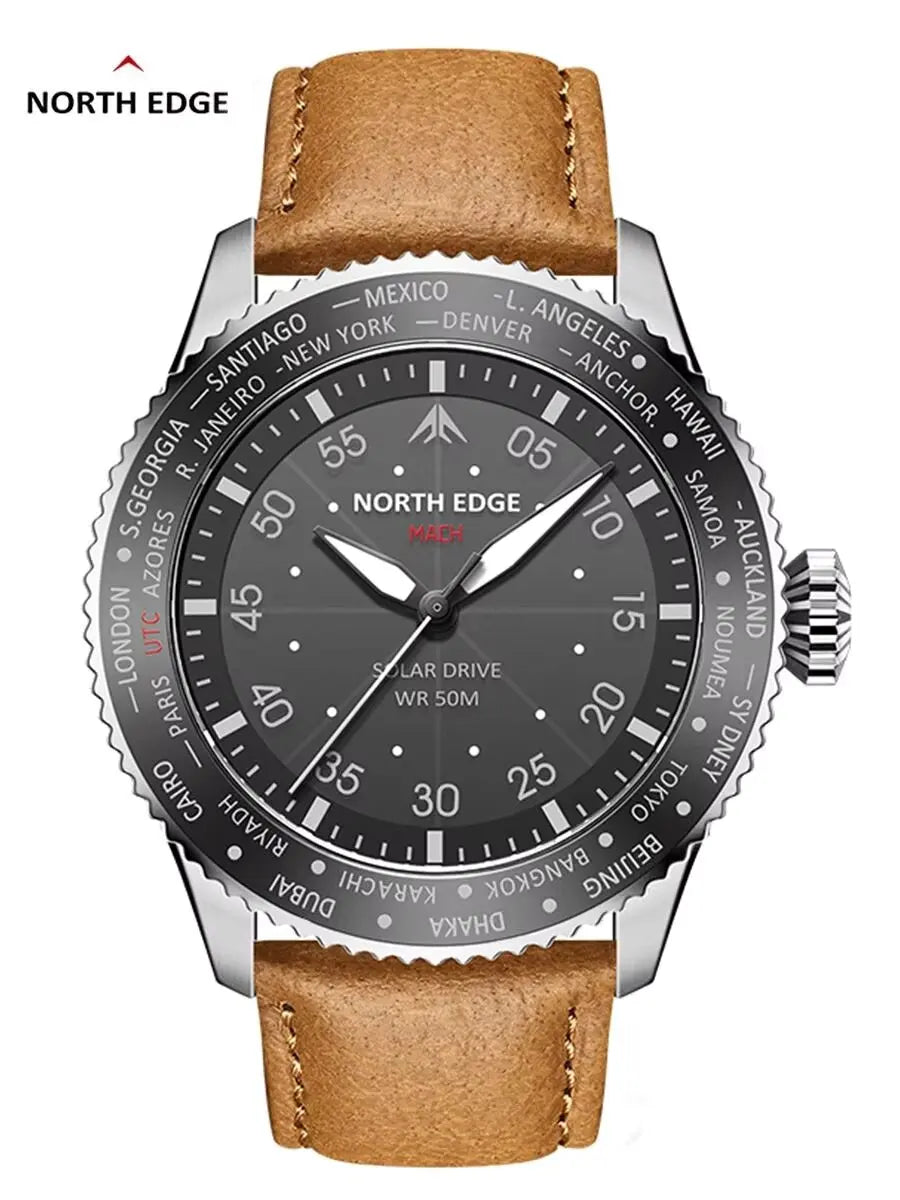 NORTH EDGE 2024 MACH Solar Power Quartz watch Men Waterproof 50M Men's Pilot Sports Wristwatches Luminous Enviormentally Clock