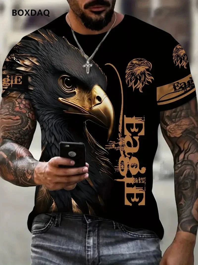 Pánské tričko Fashion Eagle, volný střih, kulatý výstřih, ležérní top s krátkým rukávem, 3D zvířecí potisk, street tričko, velká velikost 6XL, prodyšné tričko