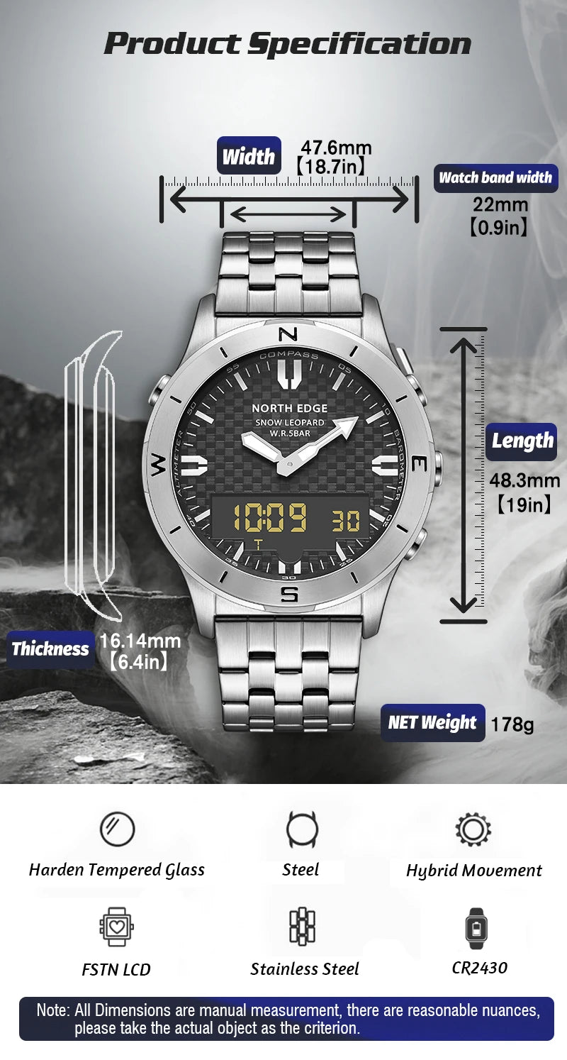 NORTH EDGE Men's Sports Digital Watch Waterproof 50M Altimeter Barometer Compass Business Luxury Men's Watch Outdoor Smartwatch