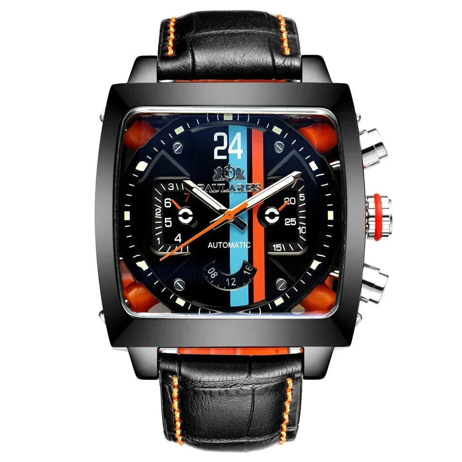Automatic Watches for Men Mechanical Genuine Leather Stainless Steel Black Orange Blue Casual 40mm Perspective See Through Watch