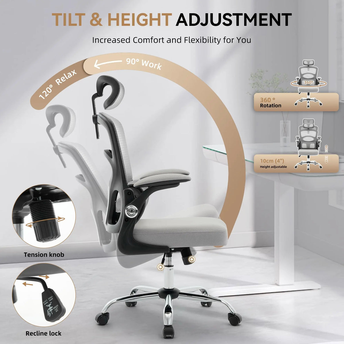 Ergonomic High Back Mesh Office Chair with Adjustable Headrest, Lumbar Support, 360° Swivel Rolling Computer Gaming Chair for Home Office