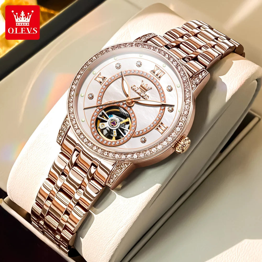 OLEVS Women’s Luxury Automatic Skeleton Watch Starry Sky Stainless Steel Mechanical Wristwatch