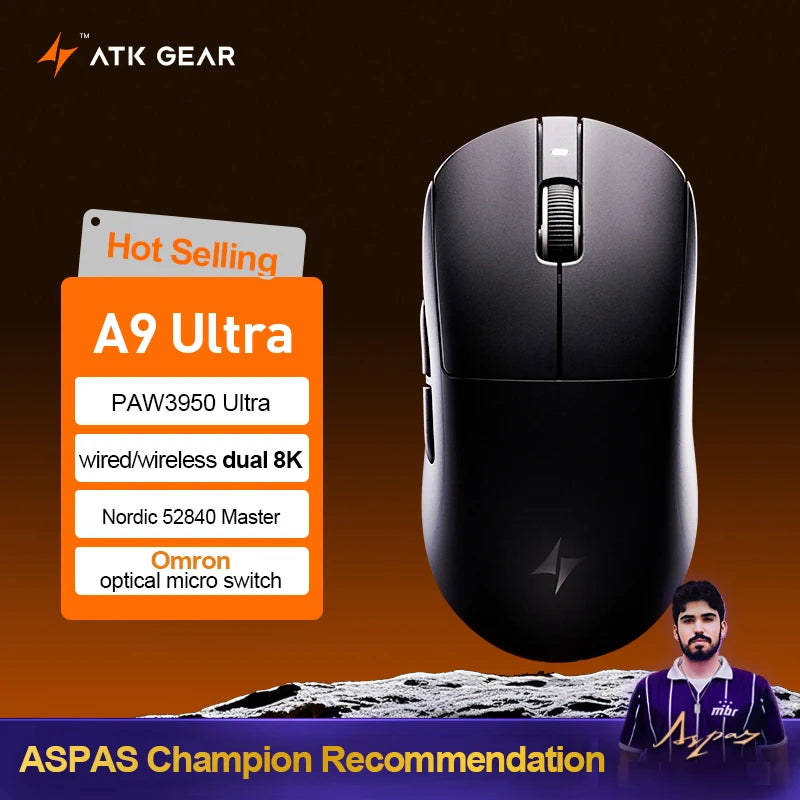 Mouse da gaming wireless ATK Dragonfly A9 Ultimate A9 Air PAW3950 ultraleggero ergonomico e-sport per gamer FPS CSGO A9 Ultra