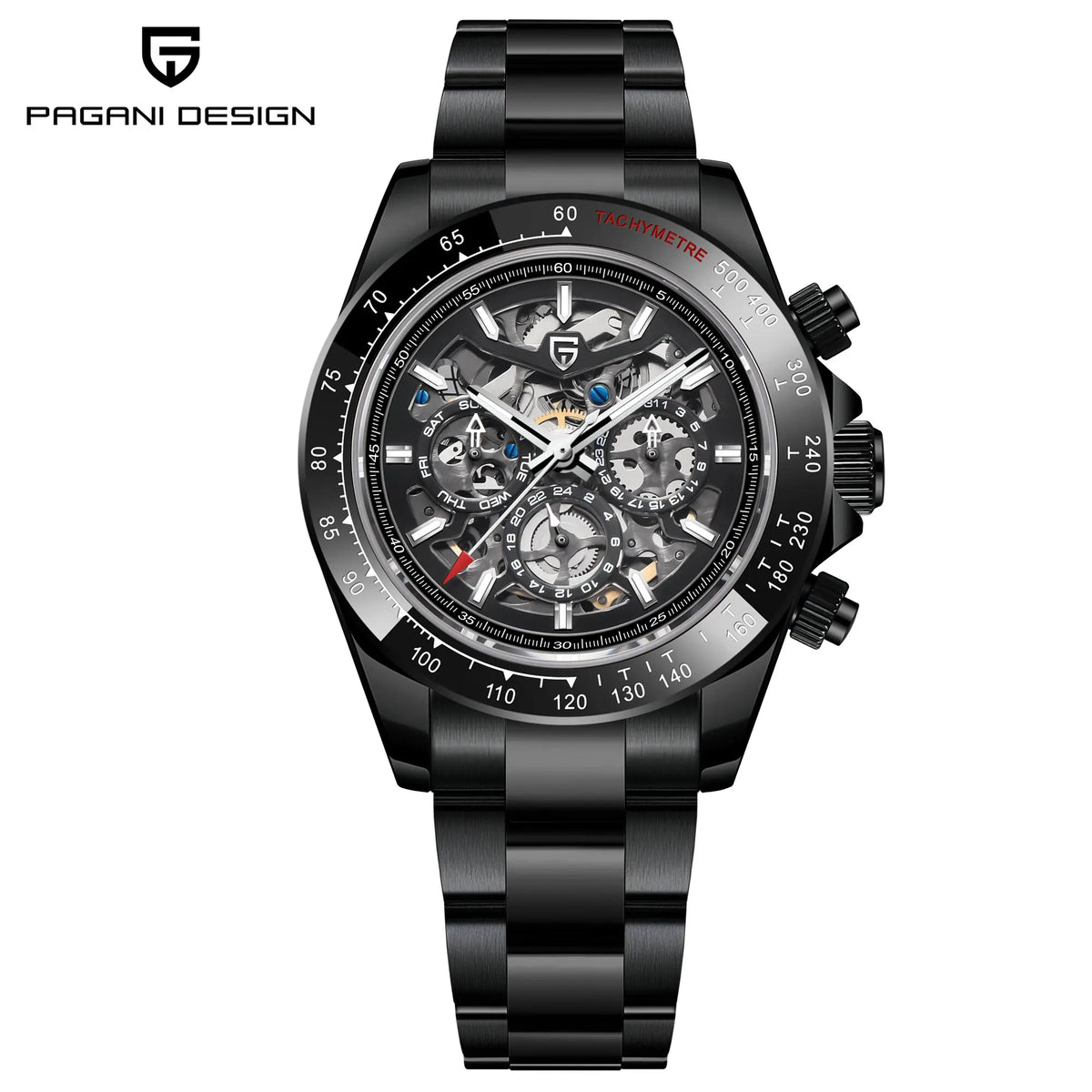 PAGANI DESIGN Personalized Men Automatic Mechanical Watch Colorful Gemstone Bezel Small Three-Pin Tachymeter Design Chronograph