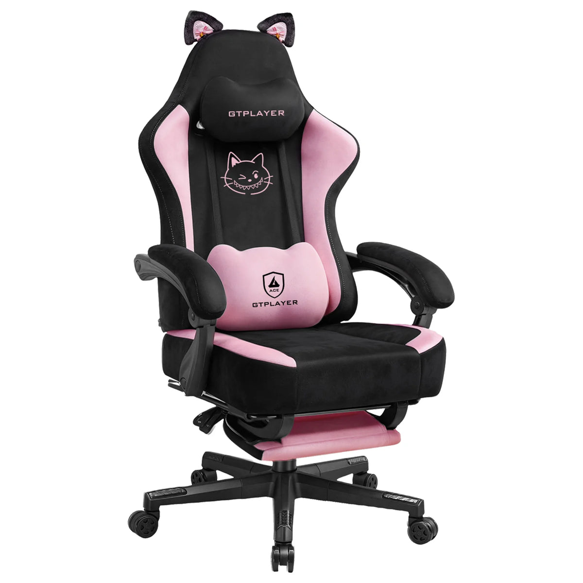 GTPLAYER Cute Gaming Chair with Cat Ears, Pink Velvet Ergonomic Gaming Chair with Footrest, Adjustable Reclining Office Gaming Chair, 150kg Capacity