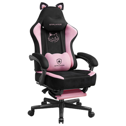 GTPLAYER Cute Gaming Chair with Cat Ears, Pink Velvet Ergonomic Gaming Chair with Footrest, Adjustable Reclining Office Gaming Chair, 150kg Capacity