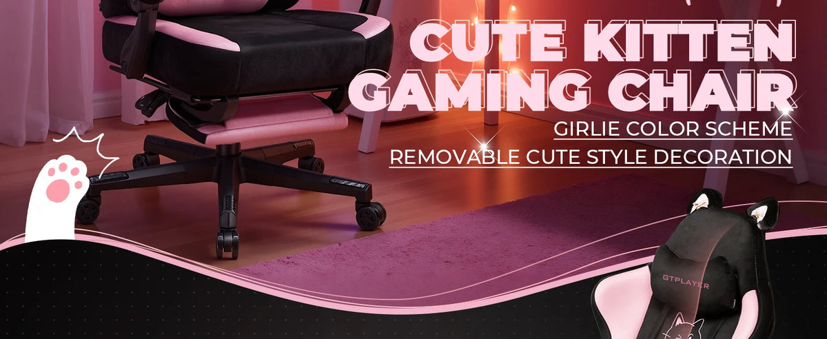 GTPLAYER Cute Gaming Chair with Cat Ears, Pink Velvet Ergonomic Gaming Chair with Footrest, Adjustable Reclining Office Gaming Chair, 150kg Capacity