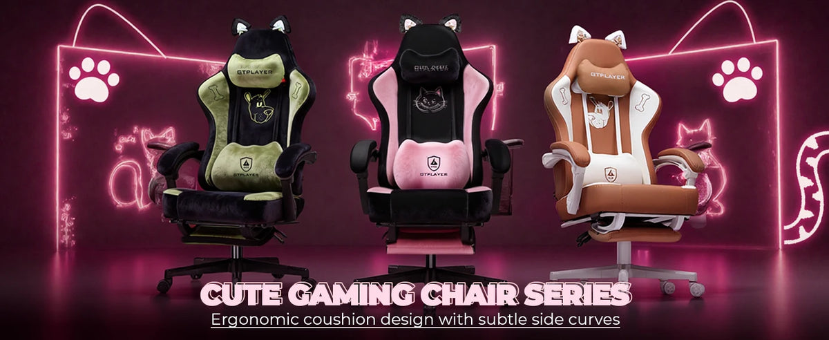 GTPLAYER Cute Gaming Chair with Cat Ears, Pink Velvet Ergonomic Gaming Chair with Footrest, Adjustable Reclining Office Gaming Chair, 150kg Capacity