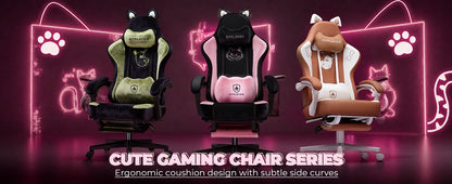 GTPLAYER Cute Gaming Chair with Cat Ears, Pink Velvet Ergonomic Gaming Chair with Footrest, Adjustable Reclining Office Gaming Chair, 150kg Capacity