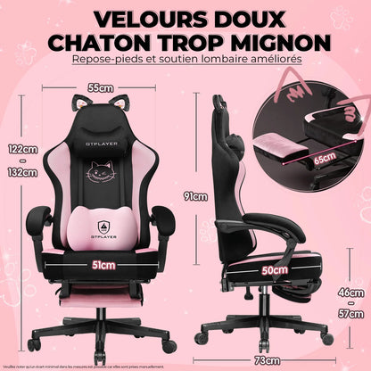 GTPLAYER Cute Gaming Chair with Cat Ears, Pink Velvet Ergonomic Gaming Chair with Footrest, Adjustable Reclining Office Gaming Chair, 150kg Capacity
