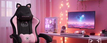 GTPLAYER Cute Gaming Chair with Cat Ears, Pink Velvet Ergonomic Gaming Chair with Footrest, Adjustable Reclining Office Gaming Chair, 150kg Capacity