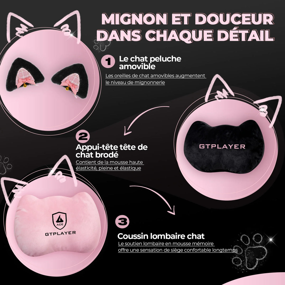 GTPLAYER Cute Gaming Chair with Cat Ears, Pink Velvet Ergonomic Gaming Chair with Footrest, Adjustable Reclining Office Gaming Chair, 150kg Capacity
