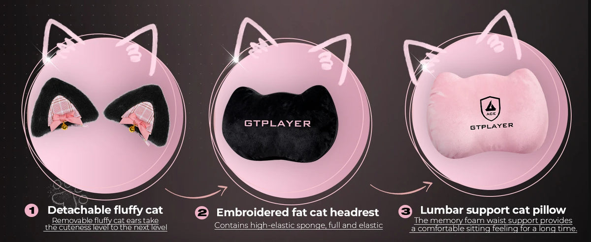 GTPLAYER Cute Gaming Chair with Cat Ears, Pink Velvet Ergonomic Gaming Chair with Footrest, Adjustable Reclining Office Gaming Chair, 150kg Capacity
