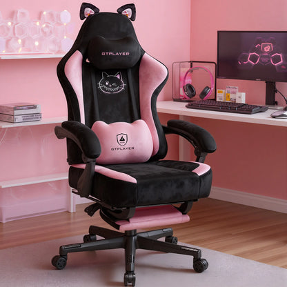 GTPLAYER Cute Gaming Chair with Cat Ears, Pink Velvet Ergonomic Gaming Chair with Footrest, Adjustable Reclining Office Gaming Chair, 150kg Capacity