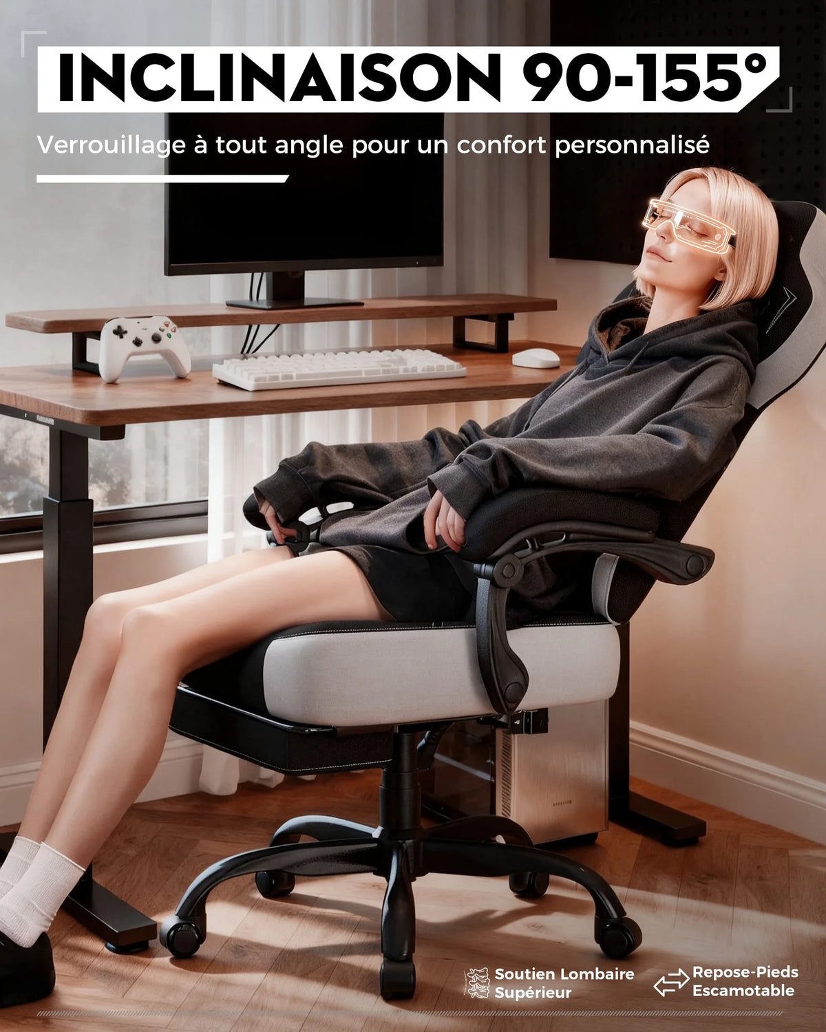 LUCK RACER Gaming Chair Ergonomic Office Chair with Connected Armrests, Memory Foam Cushion, Adjustable Reclining Backrest, Footrest