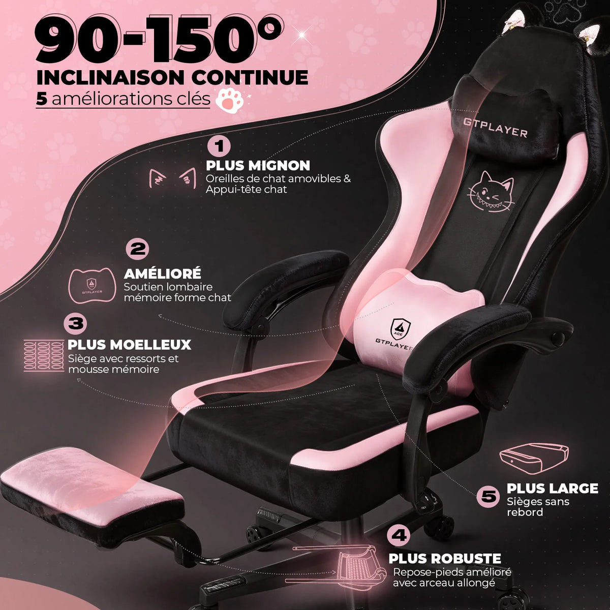 GTPLAYER Cute Gaming Chair with Cat Ears, Pink Velvet Ergonomic Gaming Chair with Footrest, Adjustable Reclining Office Gaming Chair, 150kg Capacity