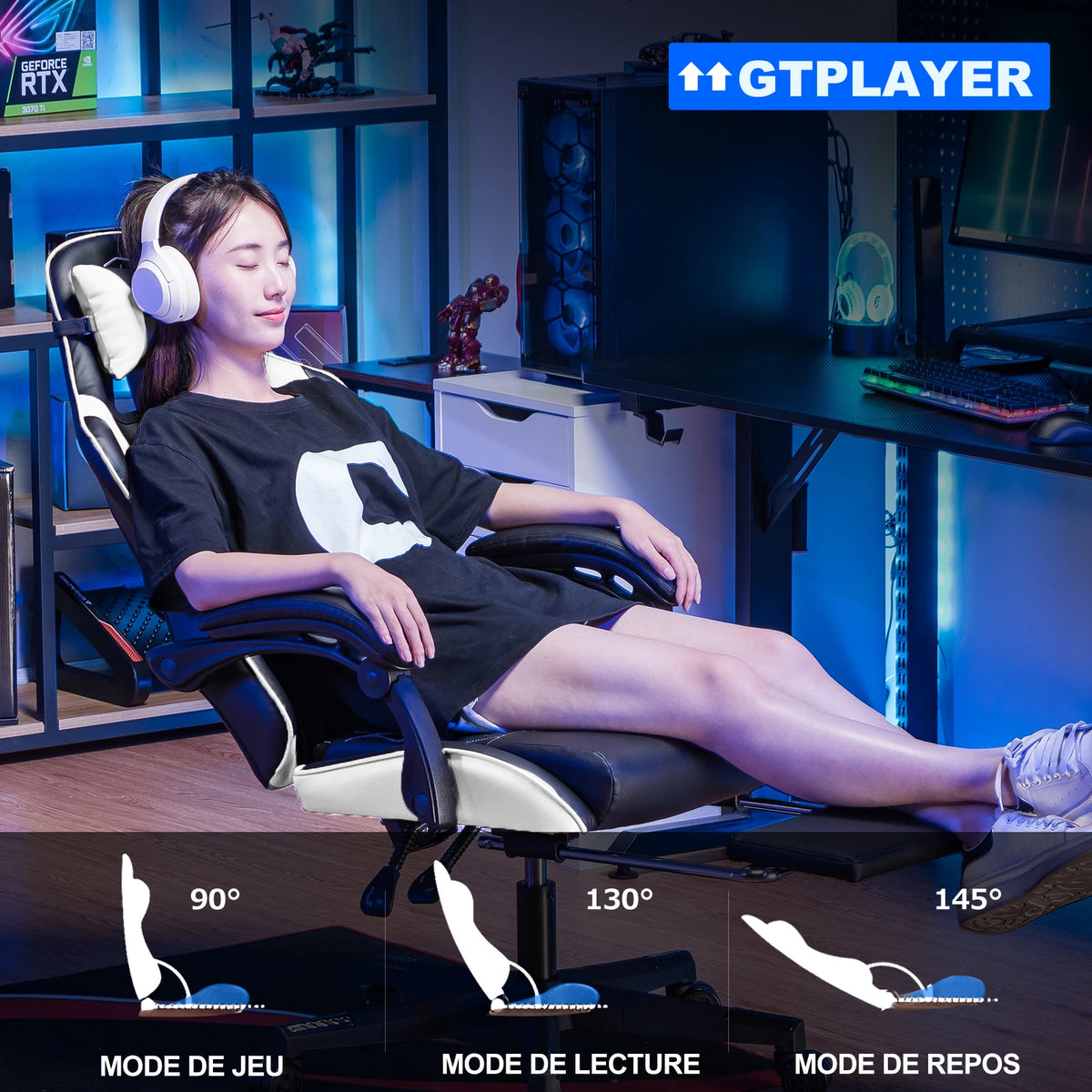GTPLAYER Gaming Chair Ergonomic Office Chair with Footrest, Adjustable Lumbar Support, Reclining Gamer Chair, 150kg Heavy Duty Computer Chair