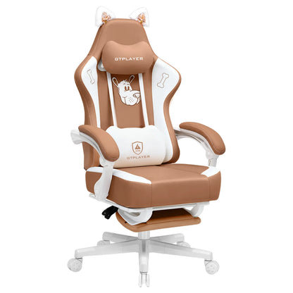 GTPLAYER Cute Gaming Chair with Cat Ears, Pink Velvet Ergonomic Gaming Chair with Footrest, Adjustable Reclining Office Gaming Chair, 150kg Capacity