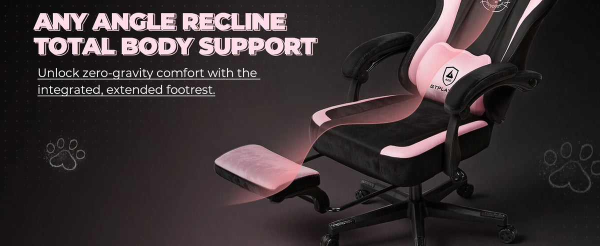 GTPLAYER Cute Gaming Chair with Cat Ears, Pink Velvet Ergonomic Gaming Chair with Footrest, Adjustable Reclining Office Gaming Chair, 150kg Capacity