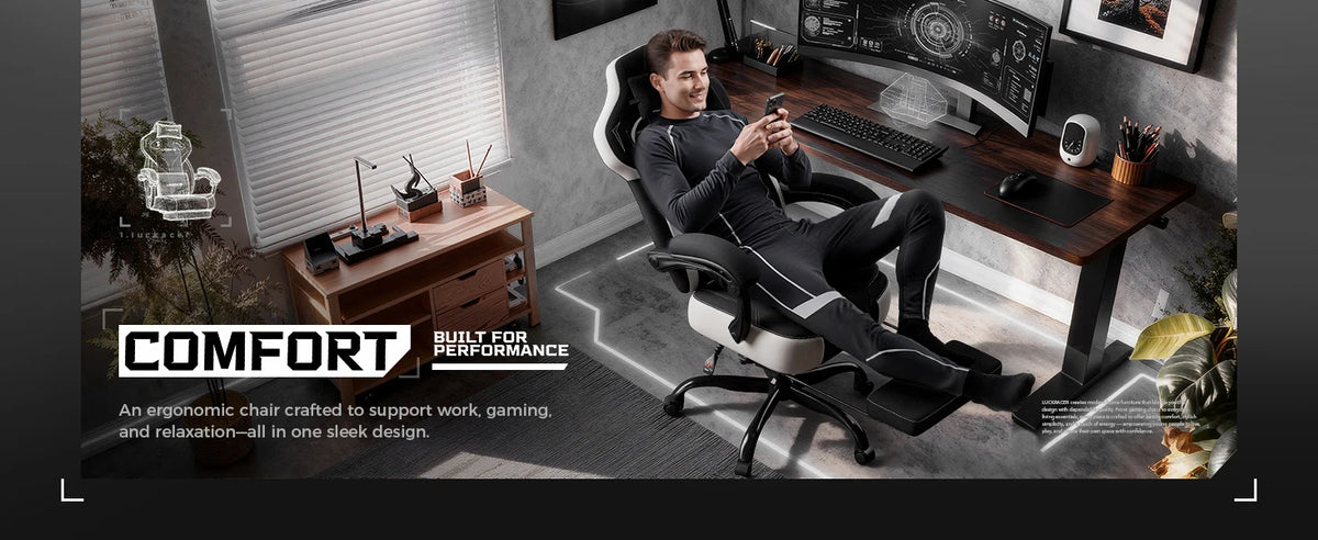 LUCK RACER Gaming Chair Ergonomic Office Chair with Connected Armrests, Memory Foam Cushion, Adjustable Reclining Backrest, Footrest