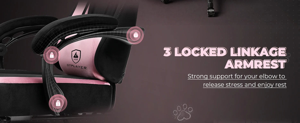 GTPLAYER Cute Gaming Chair with Cat Ears, Pink Velvet Ergonomic Gaming Chair with Footrest, Adjustable Reclining Office Gaming Chair, 150kg Capacity