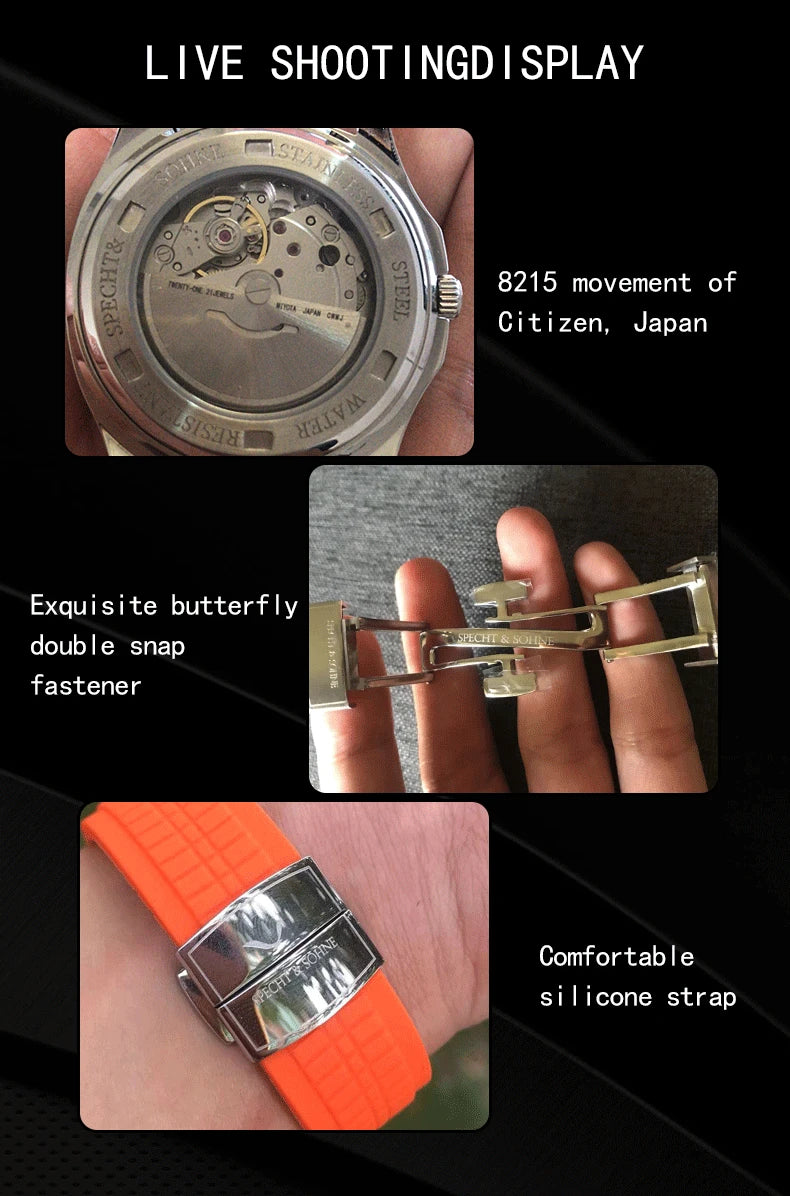 Specht&Sohne Brand Automatic Mechanical Watches Sports Wristwatches Green Sapphire Luminous 50M Waterproof  Relogio Masculino