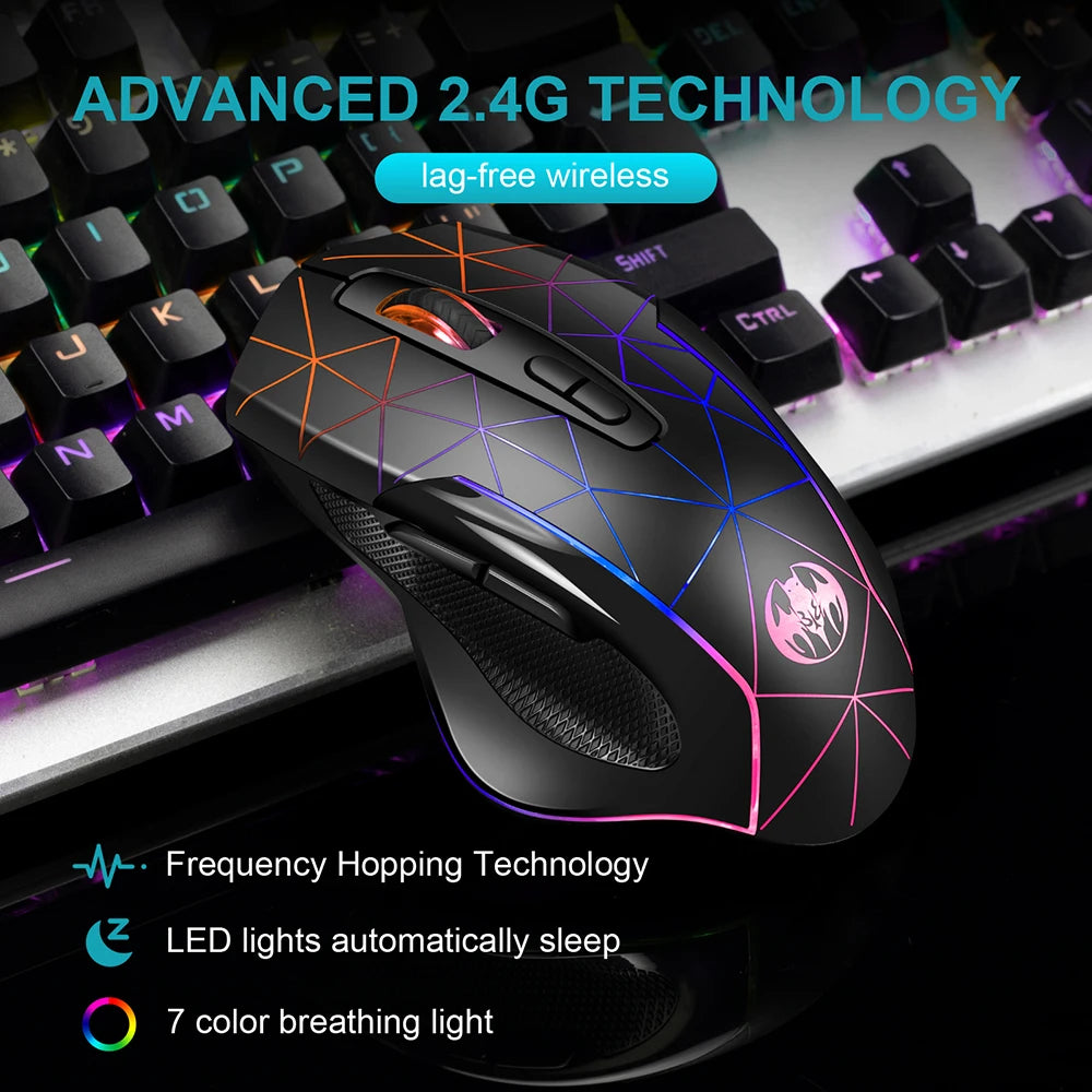 Mouse gaming wireless ricaricabile 2.4G, mouse ergonomico USB per computer con retroilluminazione RGB, per laptop e PC
