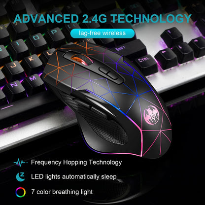 Mouse gaming wireless ricaricabile 2.4G, mouse ergonomico USB per computer con retroilluminazione RGB, per laptop e PC