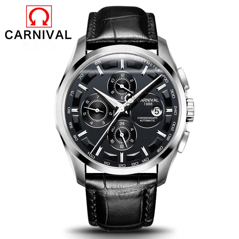 Carnival Brand Luxury Stainless Steel Multifunction Mechanical Watch for Men Waterproof Luminous Hands Calendar Fashion Watches
