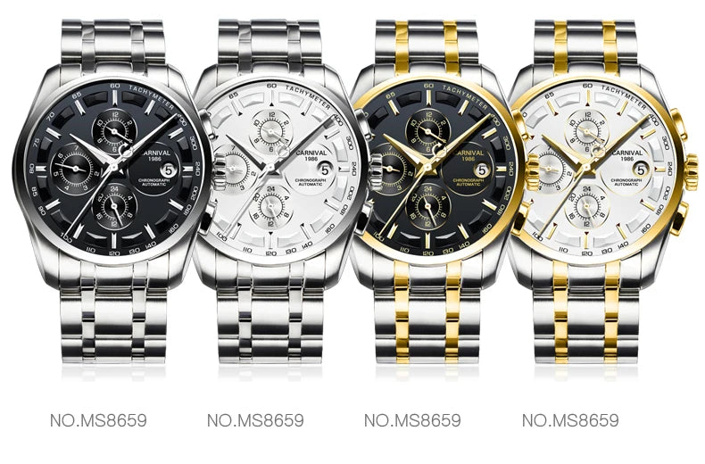 Carnival Brand Luxury Stainless Steel Multifunction Mechanical Watch for Men Waterproof Luminous Hands Calendar Fashion Watches