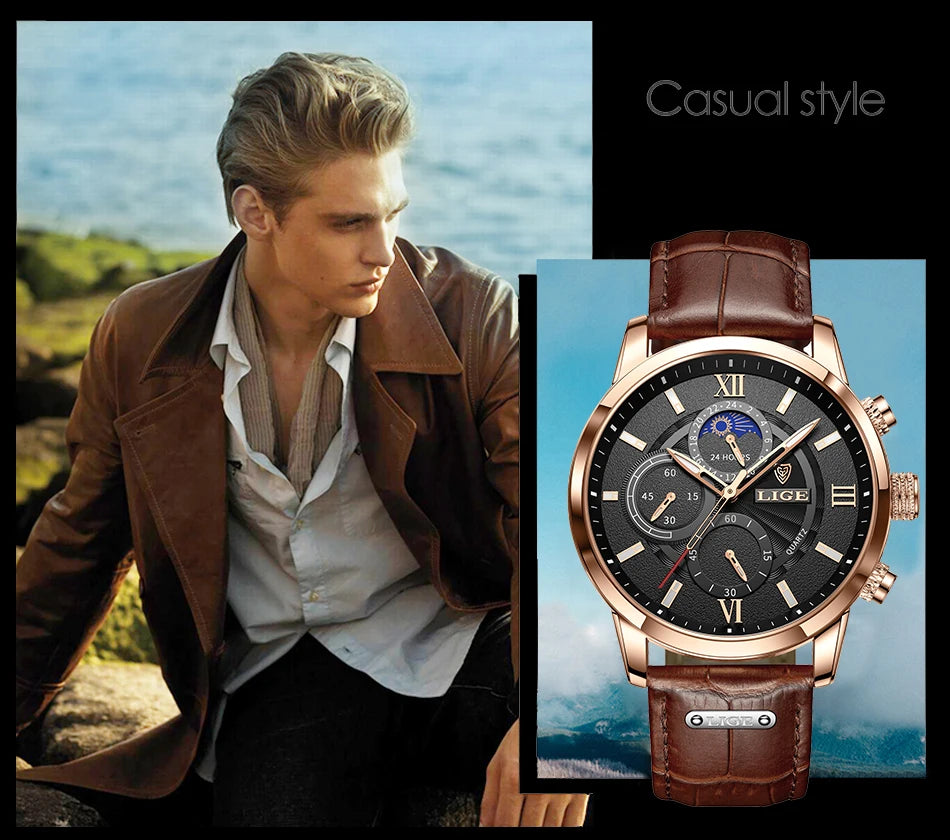 2025 New Mens Watches LIGE Top Brand Luxury Leather Casual Quartz Watch Men's Sport Waterproof Clock Watch Relogio Masculino+Box
