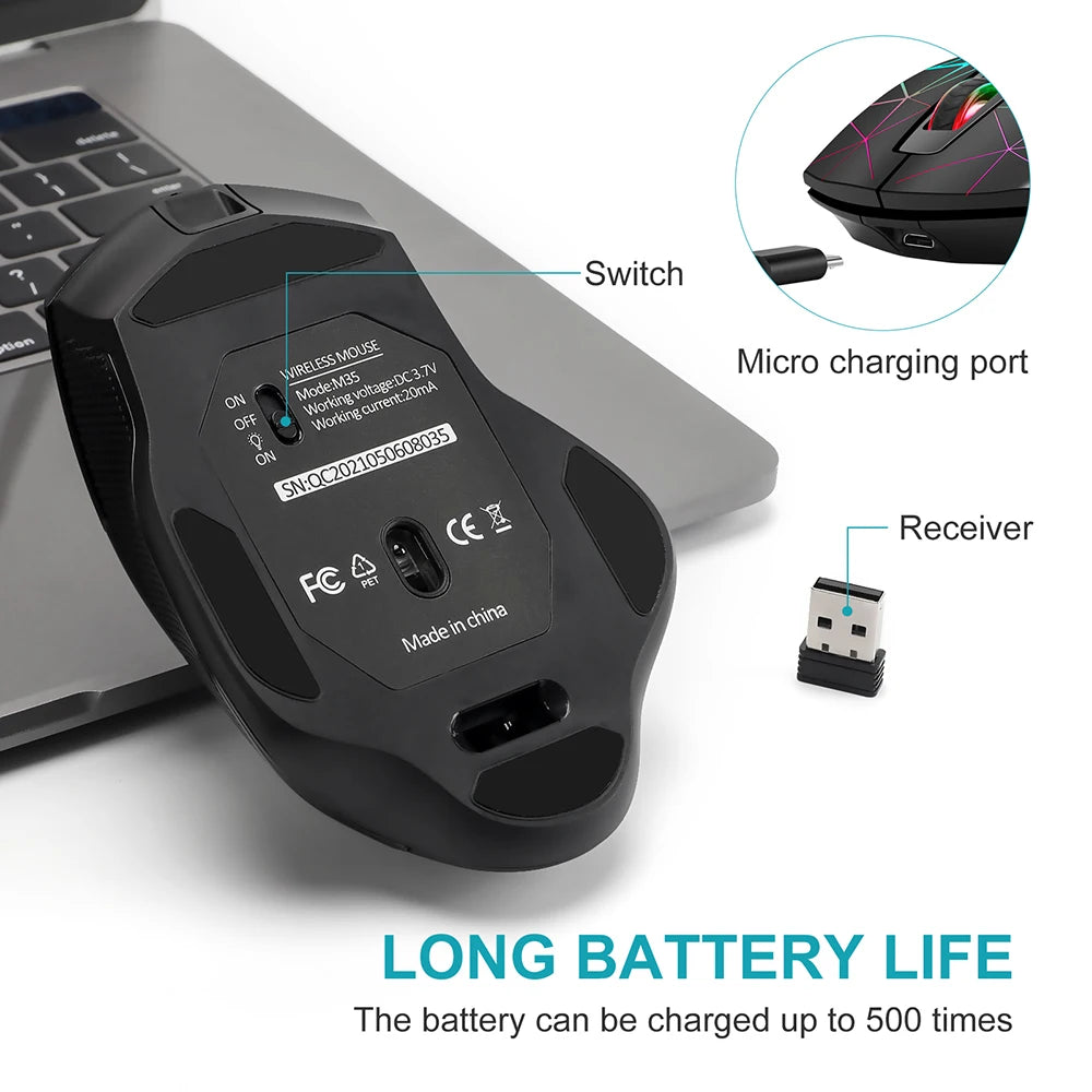 Mouse gaming wireless ricaricabile 2.4G, mouse ergonomico USB per computer con retroilluminazione RGB, per laptop e PC