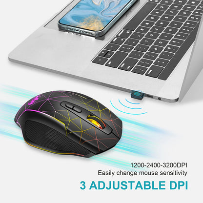 Mouse gaming wireless ricaricabile 2.4G, mouse ergonomico USB per computer con retroilluminazione RGB, per laptop e PC