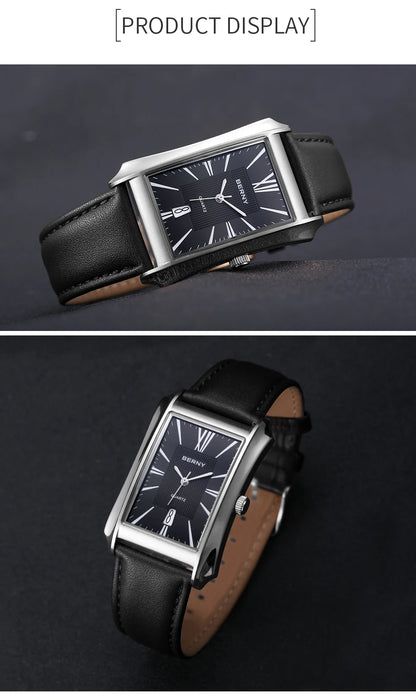 BERNY Watch for Men Rectangle Japan Quartz Wristwatch Waterproof Business Rectangular Dress Male Clock Top Genuine Leather Strap