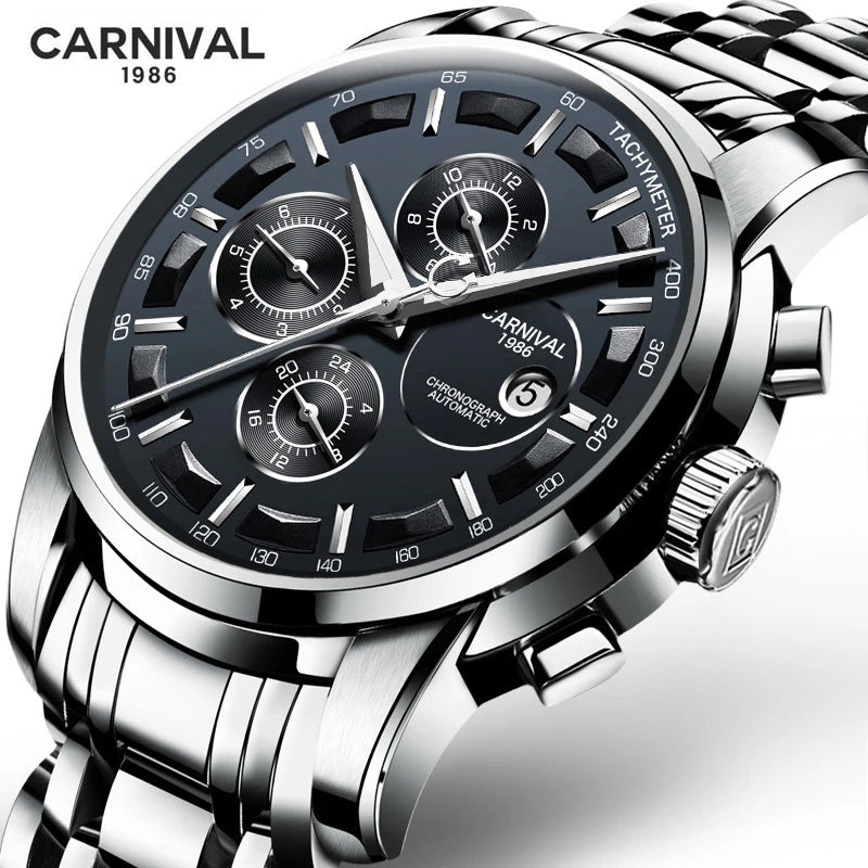 Carnival Brand Luxury Stainless Steel Multifunction Mechanical Watch for Men Waterproof Luminous Hands Calendar Fashion Watches