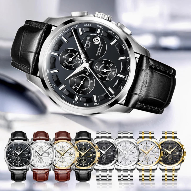 Carnival Brand Luxury Stainless Steel Multifunction Mechanical Watch for Men Waterproof Luminous Hands Calendar Fashion Watches