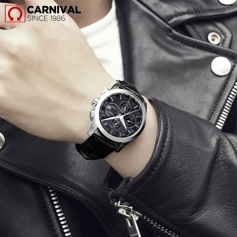 Carnival Brand Luxury Stainless Steel Multifunction Mechanical Watch for Men Waterproof Luminous Hands Calendar Fashion Watches