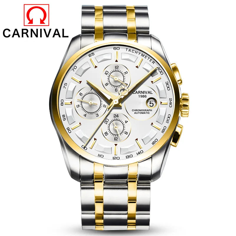 Carnival Brand Luxury Stainless Steel Multifunction Mechanical Watch for Men Waterproof Luminous Hands Calendar Fashion Watches