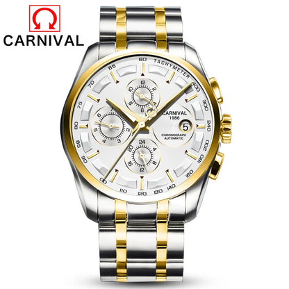 Carnival Brand Luxury Stainless Steel Multifunction Mechanical Watch for Men Waterproof Luminous Hands Calendar Fashion Watches