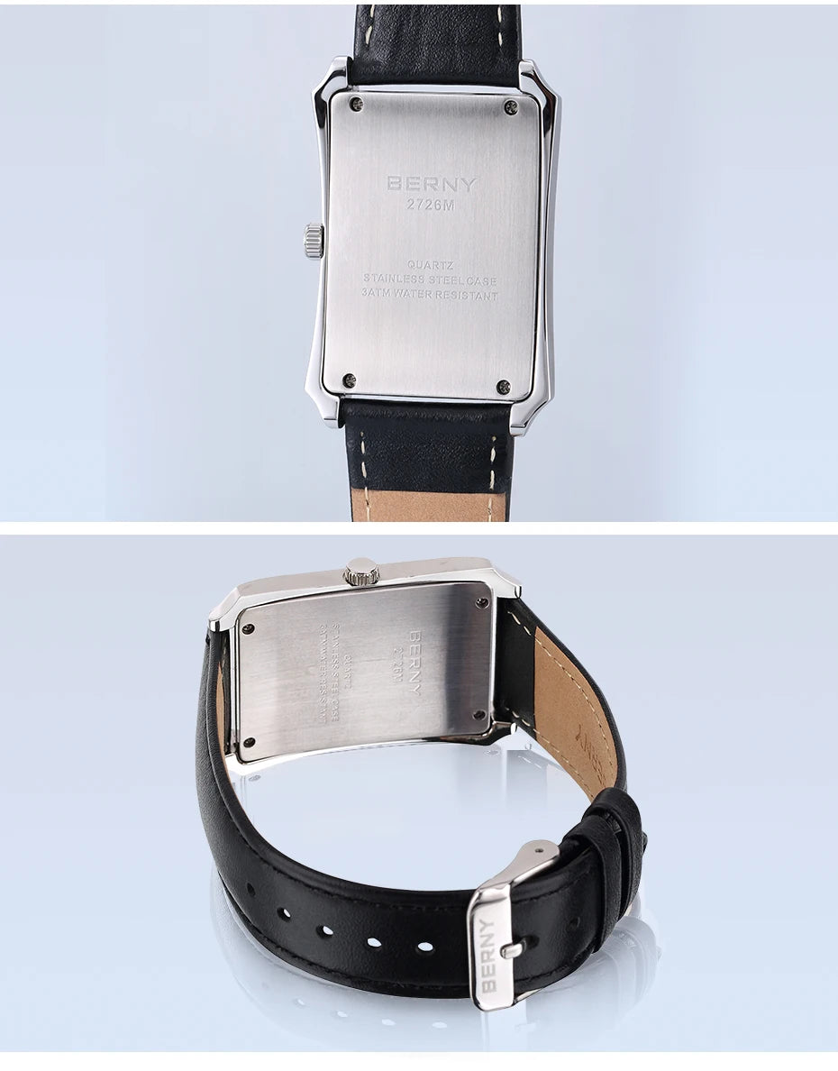BERNY Watch for Men Rectangle Japan Quartz Wristwatch Waterproof Business Rectangular Dress Male Clock Top Genuine Leather Strap