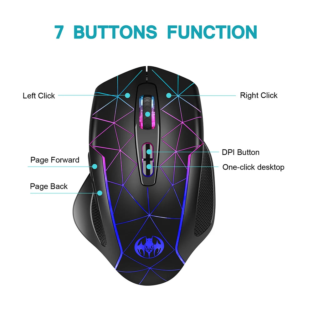 Mouse gaming wireless ricaricabile 2.4G, mouse ergonomico USB per computer con retroilluminazione RGB, per laptop e PC