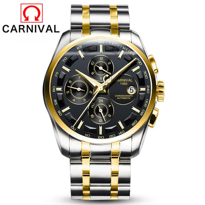 Carnival Brand Luxury Stainless Steel Multifunction Mechanical Watch for Men Waterproof Luminous Hands Calendar Fashion Watches