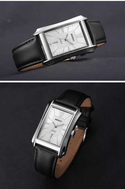 BERNY Watch for Men Rectangle Japan Quartz Wristwatch Waterproof Business Rectangular Dress Male Clock Top Genuine Leather Strap