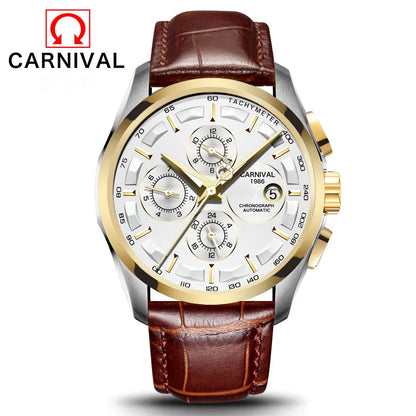 Carnival Brand Luxury Stainless Steel Multifunction Mechanical Watch for Men Waterproof Luminous Hands Calendar Fashion Watches