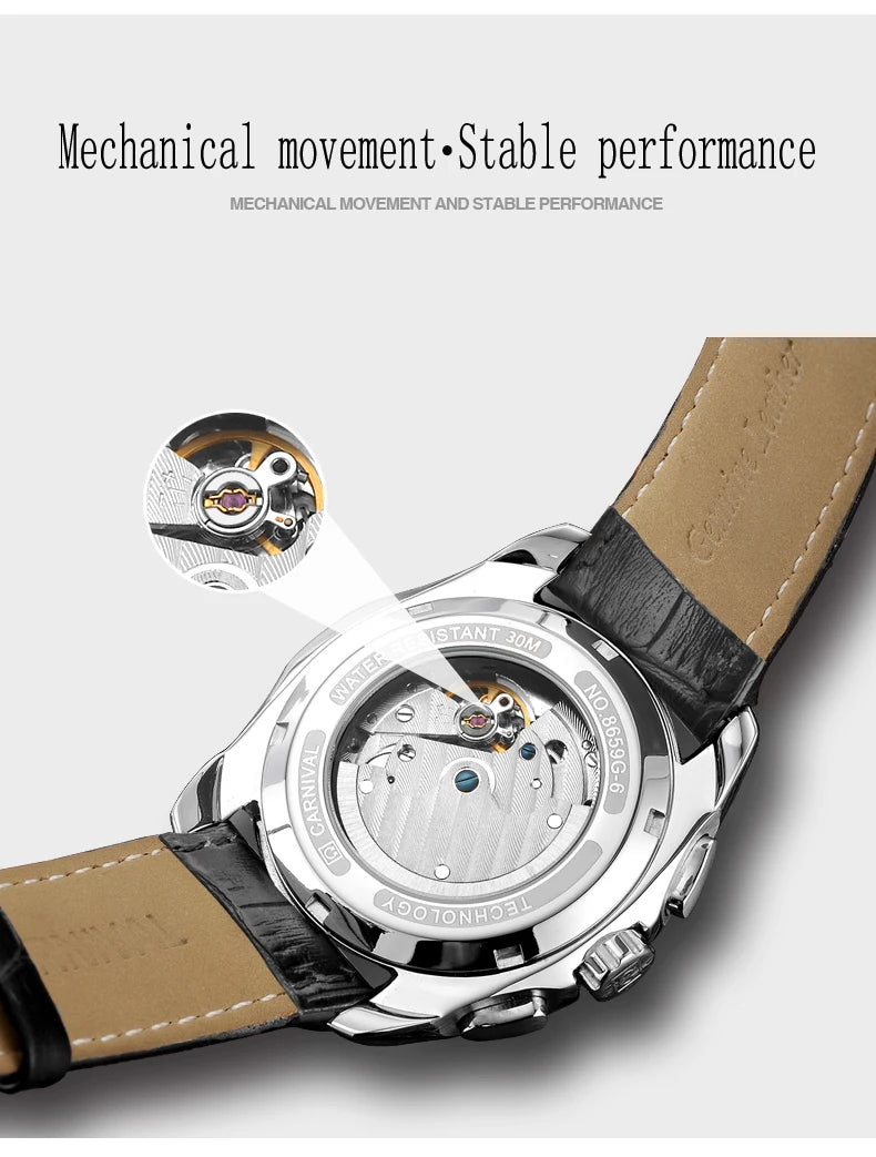 Carnival Brand Luxury Stainless Steel Multifunction Mechanical Watch for Men Waterproof Luminous Hands Calendar Fashion Watches